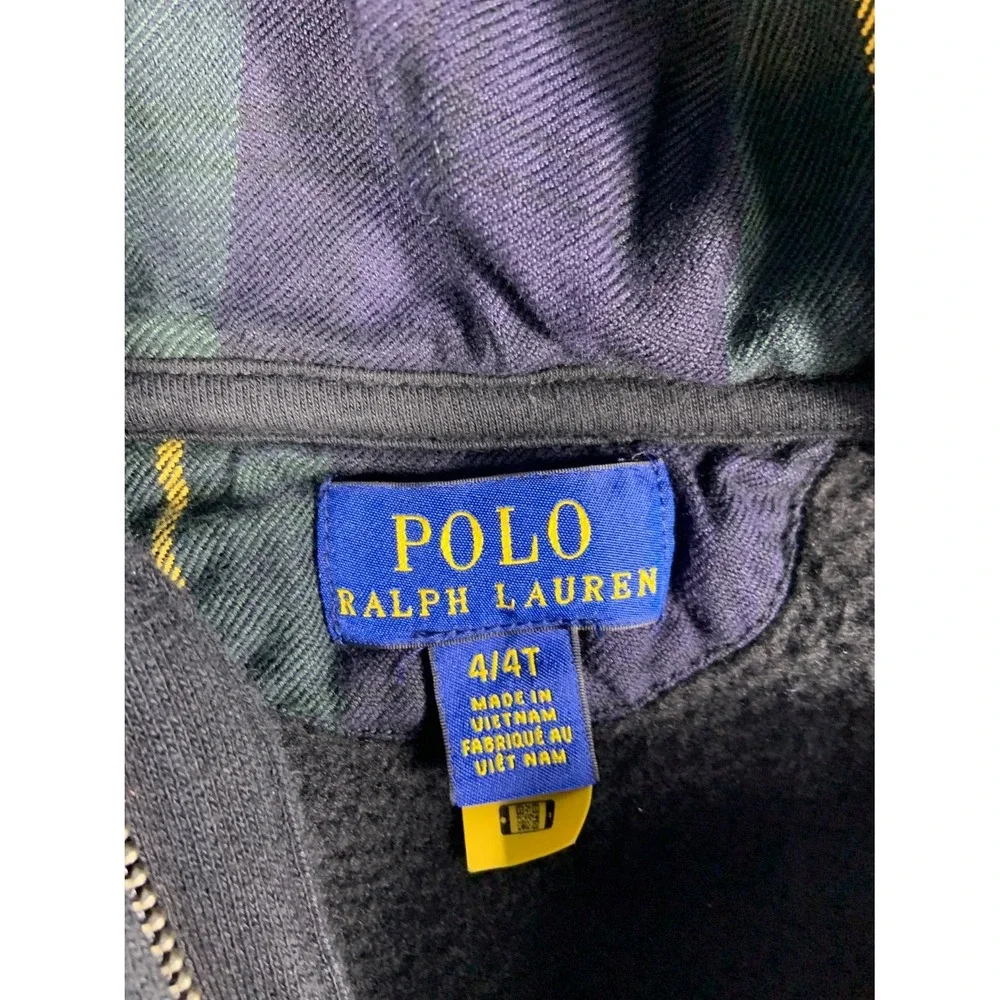Polo Ralph Lauren Toddler Boys Full Zip Hoodie Black Plaid Lined Size 4T Cotton